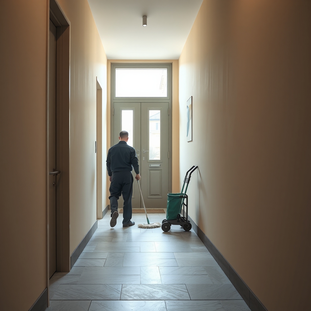 Uredan ulaz stambene zgrade u jutarnjem svetlu, radnik higijene u pozadini